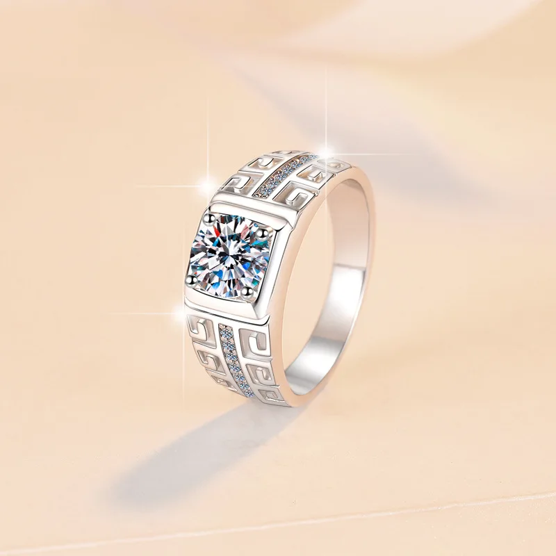 925 sterling silver moissanite ring inlaid with personalized trend retro Great Wall pattern 1 carat men's ring