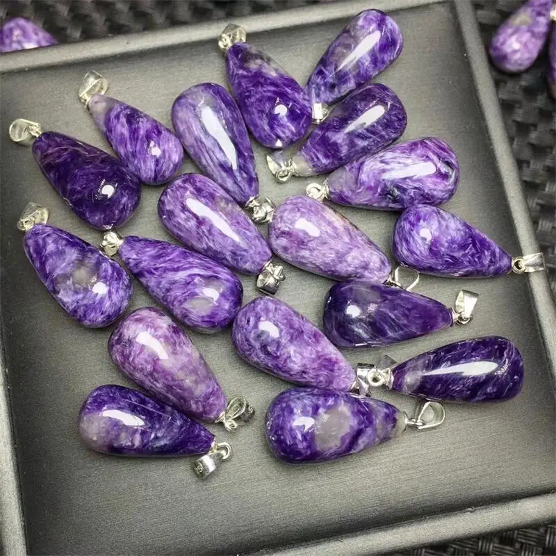 S925 Natural Charoite Teardrop Pendant Carving Jewelry Healing Stone For Men Women Decoration Jewelry