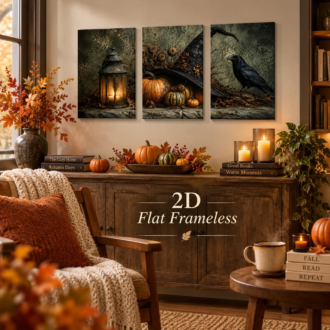 3 Halloween scenes including lit lanterns, pumpkins, witch hats, and ravens 2D flat printed frameless paintings