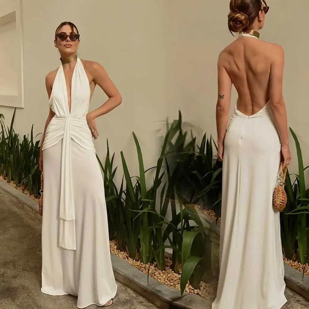 Customized Minimalist Evening Dress Chiffon Halter Neck Backless Sheath Sleeveless Draped Women's Fashion Floor Length Prom Gown