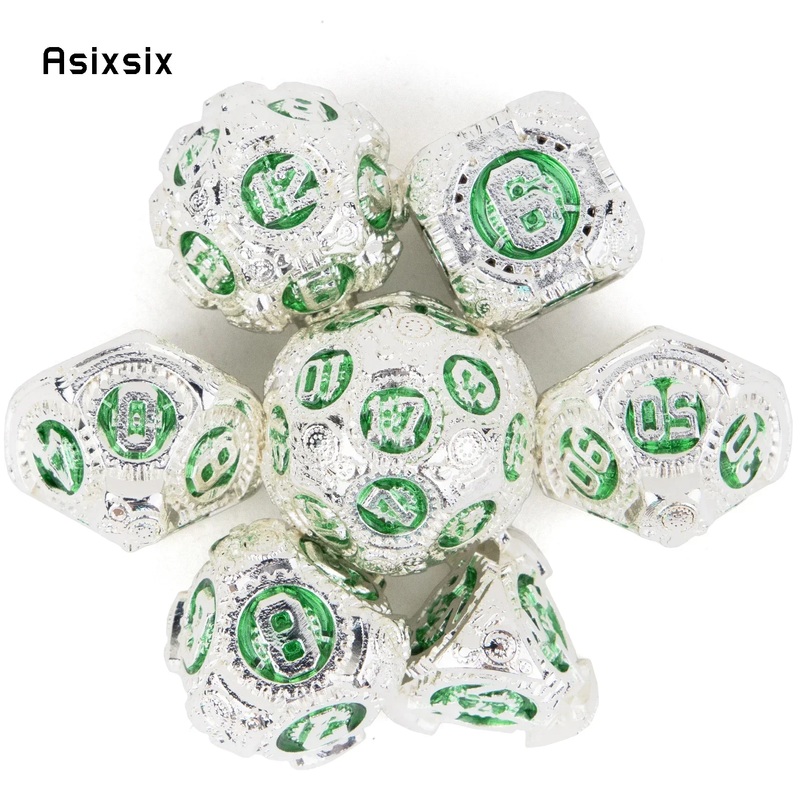 

7 Pcs White Green Gear Wheel Metal Dice Solid Metal Polyhedral Dice Set Suitable For Role-Playing Game