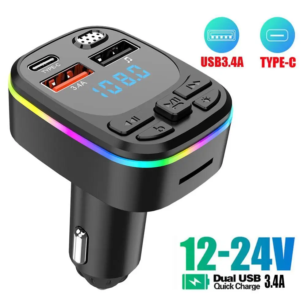 

Car Bluetooth 5.0 FM Transmitter PD Type-C Dual USB 3.1A Fast Charger Colorful Ambient Light Handsfree MP3 Modulator Player