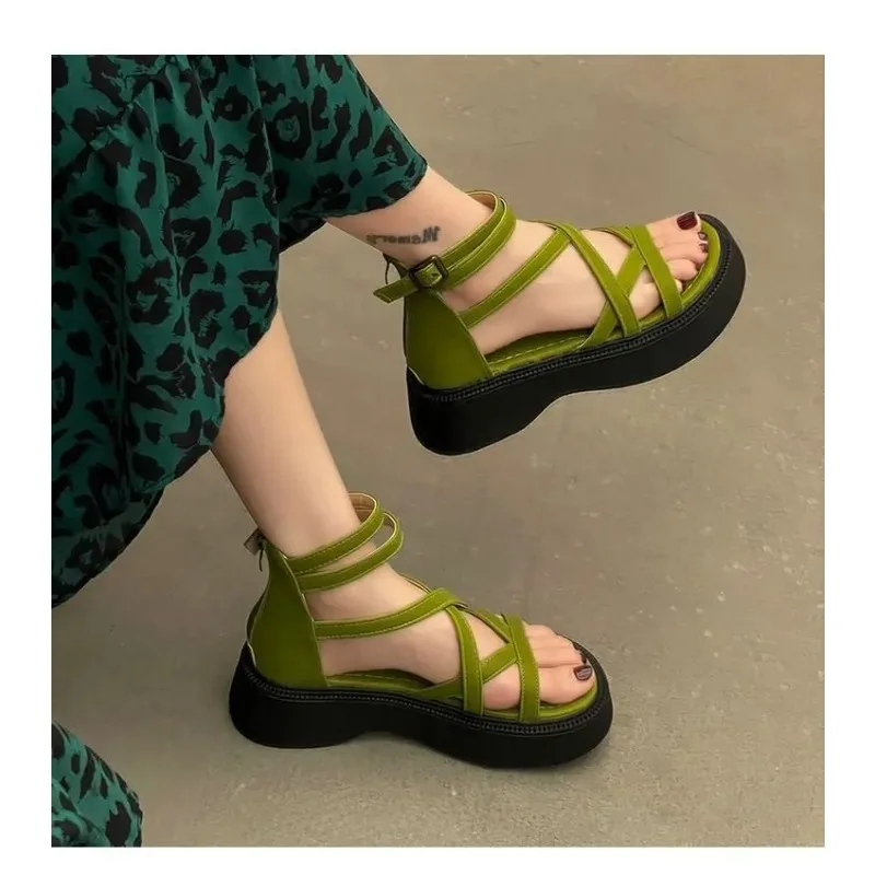 

Summer 2025 Thick Heel Women Sandals Women's New Hollow Open Toe Shoes Fashion Casual Sandals Female Designer Flat Roman Shoes