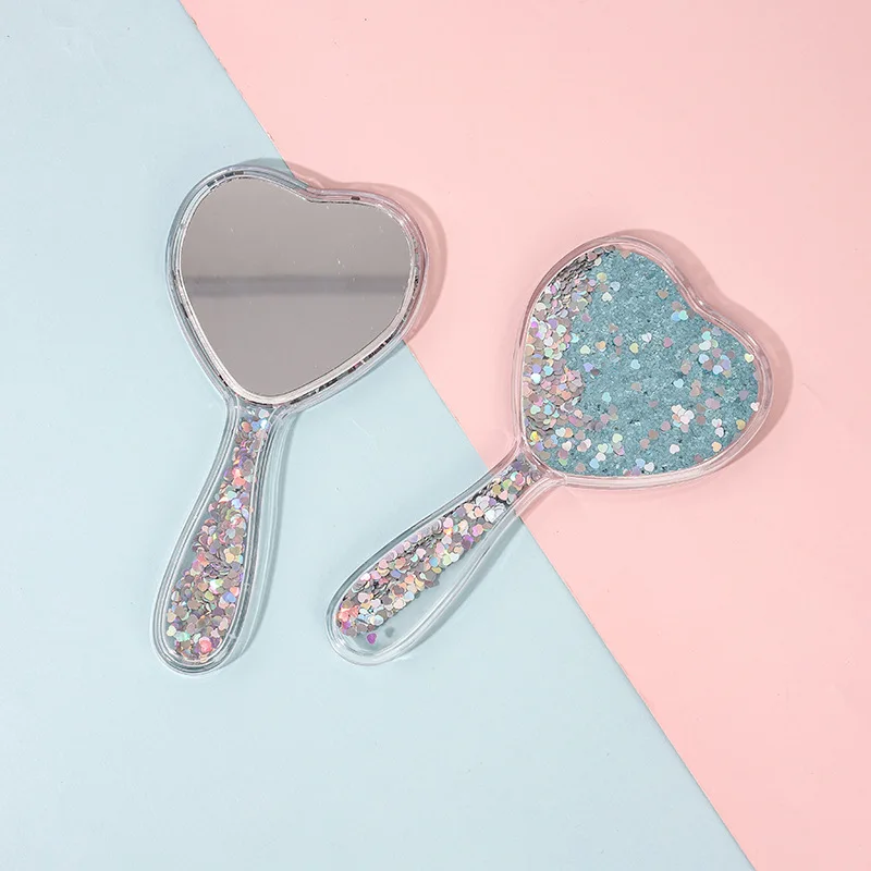 Fai Yun-Miroir de maquillage en forme de cœur, mignon, transparent, sables mouvants, petit cadeau, paillettes, déterminer