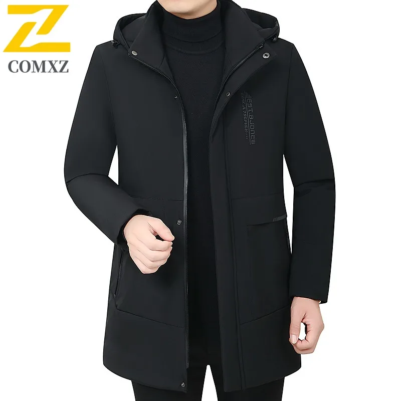

COMXZ Men's 2025 New Mid-Length Hooded Trendy Cotton Jacket Fleece-Lined Anti Windproof Warm Outdoor Casual Loose Sports Jacket