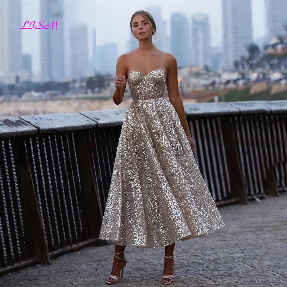

Glitter Sequin Lace Prom Dresses Sweetheart A-Line Short Evening Dress Open Back Sleeveless Tea-Length Formal Party Gowns