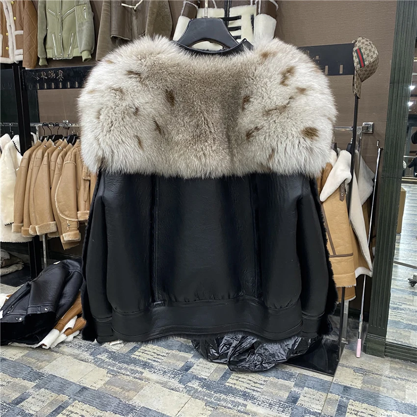 2023 Real Natural Merino Sheep Fur Genuine Leather Jacket Real Fox Fur Collar Winter Women Coat Thick Warm Luxury Female Coats