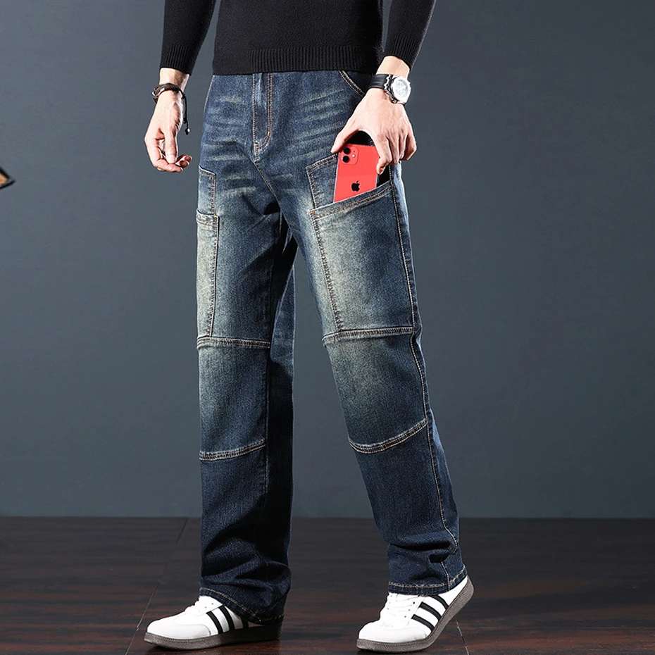 Vintage Moto Biker Jeans Men 44 Plus Size Multi-pocket Cargo Denim Pants Fashion Casual Baggy Jeans Pants Big Size