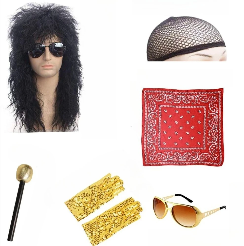 

PESENAR Rock star clothing accessories: wigs, headbands, sequin gloves,microphones,etc. suitable for Halloween rock role-playing