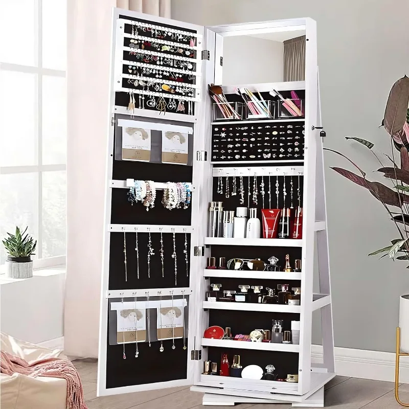 Sogesfurniture-Armário De Jóias De Madeira Com Corpo Inteiro Espelho, Lockable Floor Standing, 360 ° Rotatable, Jewelry Organizer