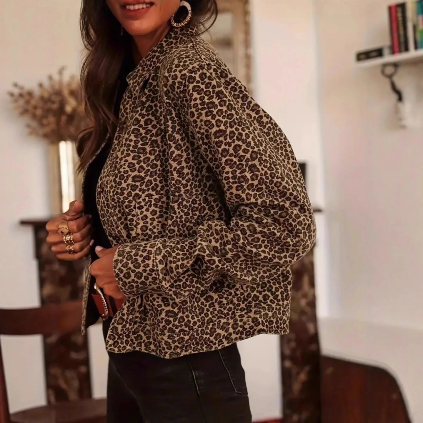 KIDCRKJ Leopard Print Women Spring Jacket Lapel Collar Color Blocked Snap Button Lady Outwear Highstreet Stylish Female Coat