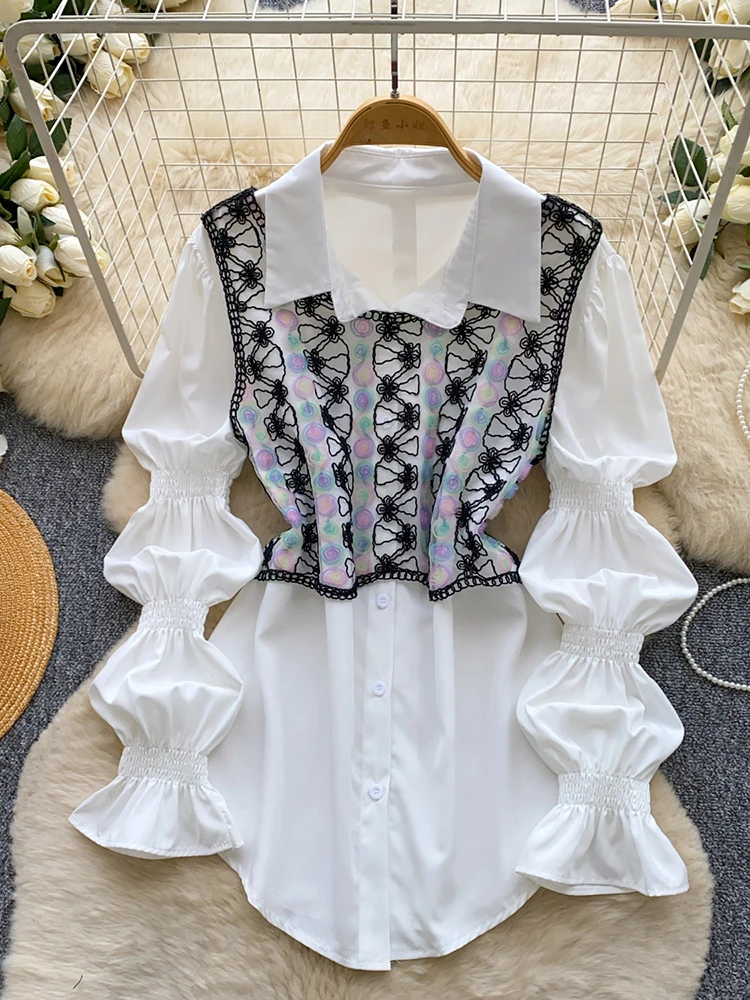 

Комплект из двух предметов: жилет и рубашка в стиле французского ретро с вышивкой в стиле тяжелой промышленности, женский, весна 2026, новинка, с рукавами-фонариками, премиум-класс