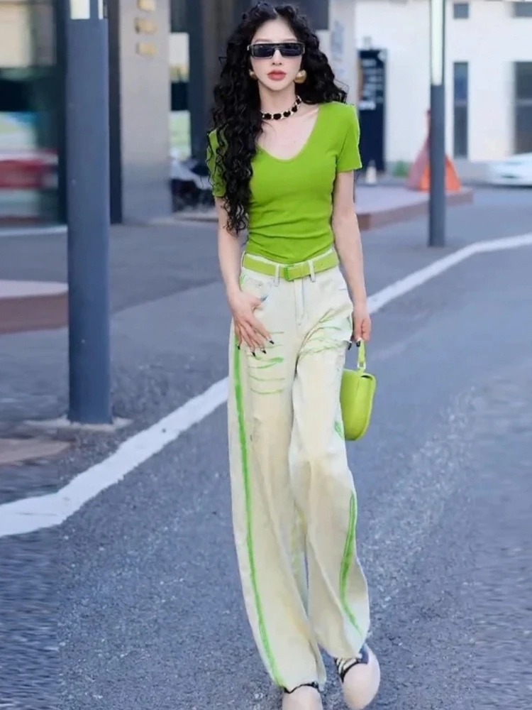 Summer women temperament high waisted short T-shirt slimming fashion patchwork green graffiti ripped straight leg jeans set