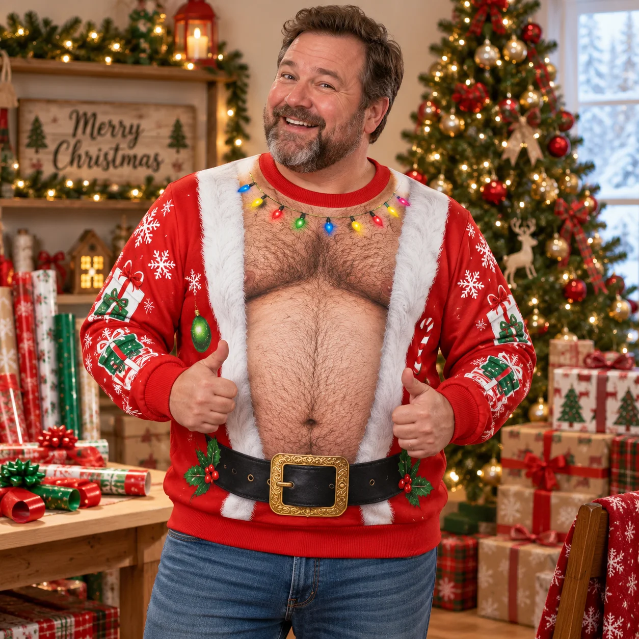 Santa Belly Illusion Hässlicher Weihnachtspullover für Herren, 3D-Druck, Polyester, Rundhals-Sweatshirt, lustiges Weihnachtskostüm, Pullover – Detail 10
