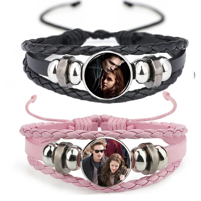 Twilight Vampire Movie Bracelets Bella Edward Jacob Character Handmade Leather Bracelet Jewelry for Men Women Fans Gift
