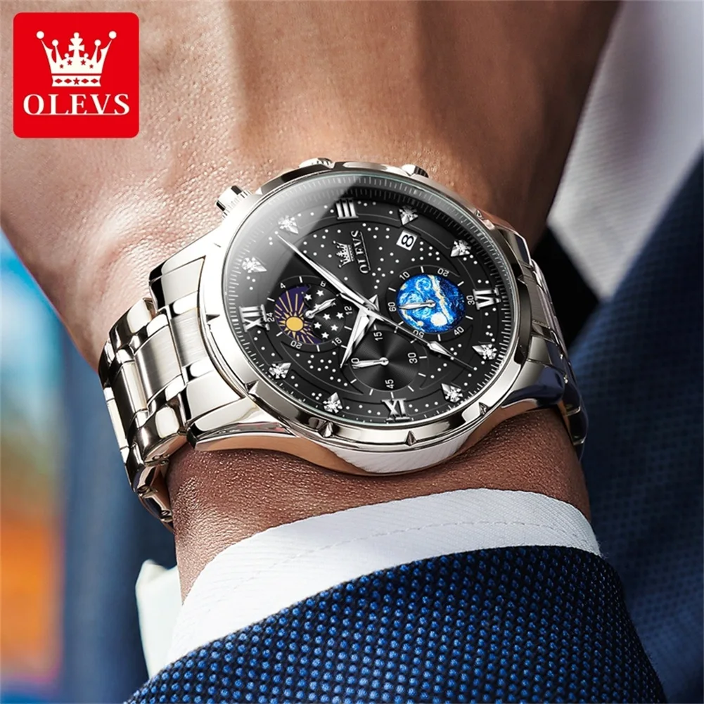 OLVES Starry Men's Watch Business Multifunctional Quartz Wrist Watch for Man Stainless Steel Strap Waterpoof Date Moon Display