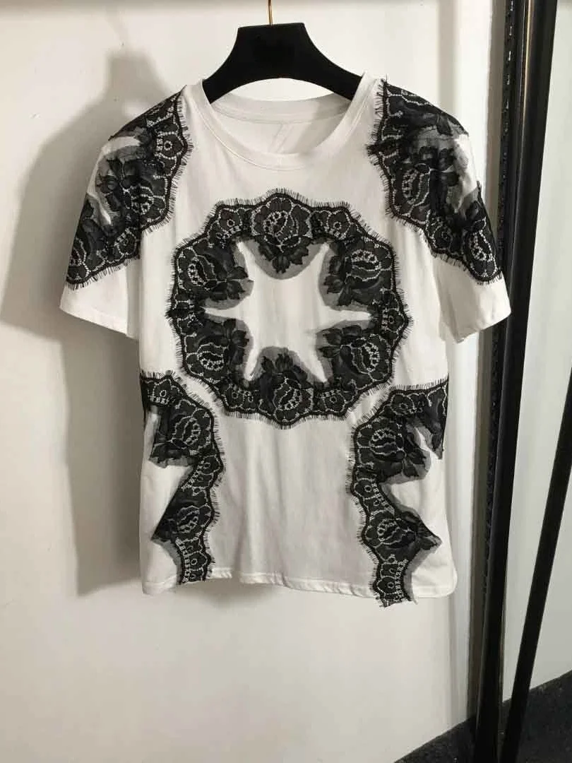 Fashionable Printed Short Sleeve T-Shirt Women's Lace Patchwork Versatile Casual Top Stylish round Neck Regular Length Summer