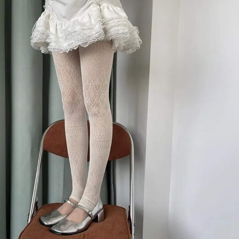 

Fashionable Lace Footless Tights for Women French Styles Vintage Geometric Patterned Pantyhose Sheer Mesh Stockings F3MD