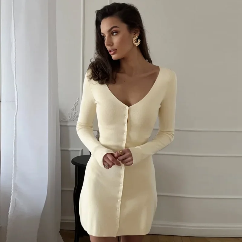 Fmxires Mode Einreiher Mini Kleid Weibliche Solide Langarm V-ausschnitt Kleid Schlank Hohe Taille 2025, Herbst Neue frauen kleid
