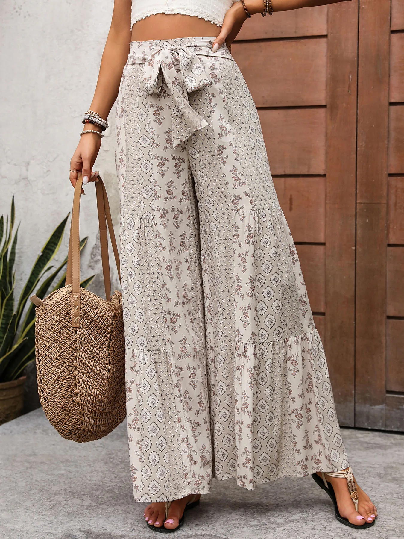 Women’s Wide Leg Pants, Geometric Floral Print Tie Waist Trousers, Boho Vacation Casual Wear, 2026 Autumn