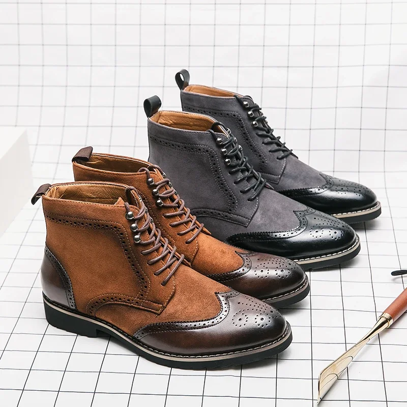 British Ankle Boots Men Shoes Fashion Retro PU Stitching Faux Suede Brock Carving Lace Up Classic Casual Street Daily CP366