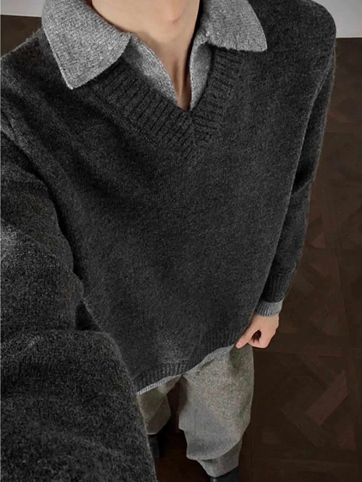 

Men's V-Ne Knitted Sweater Collar Patchwork Design Casual Sle Polyester Fiber Long Sve Autumn Top Fake Two-Piece