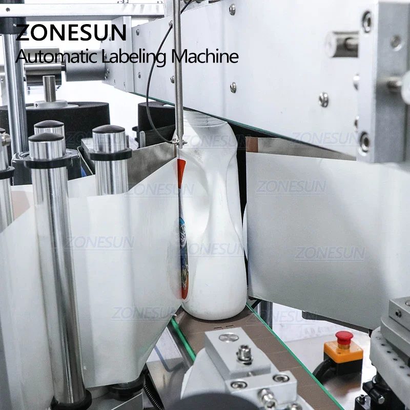 ZONESUN Automatic double-sided labeling machine for laundry liquid hand sanitizer disinfectant bottle sticker labeller