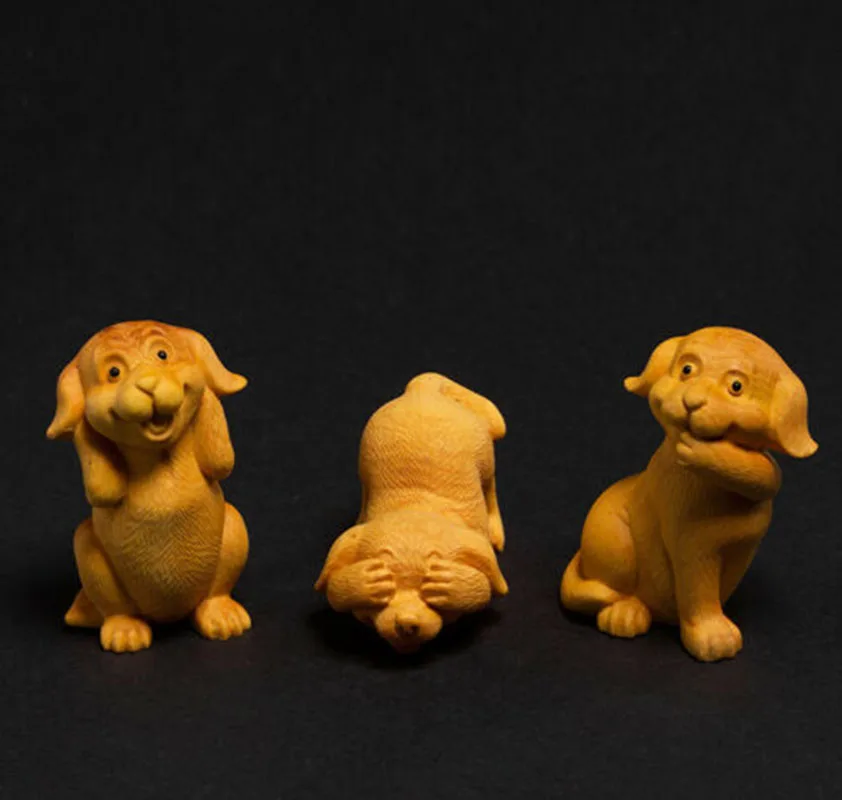 D063 - 7.5 Hand Carved Boxwood Figurine Carving 3 Wise Little Dogs ( no see talk listen)