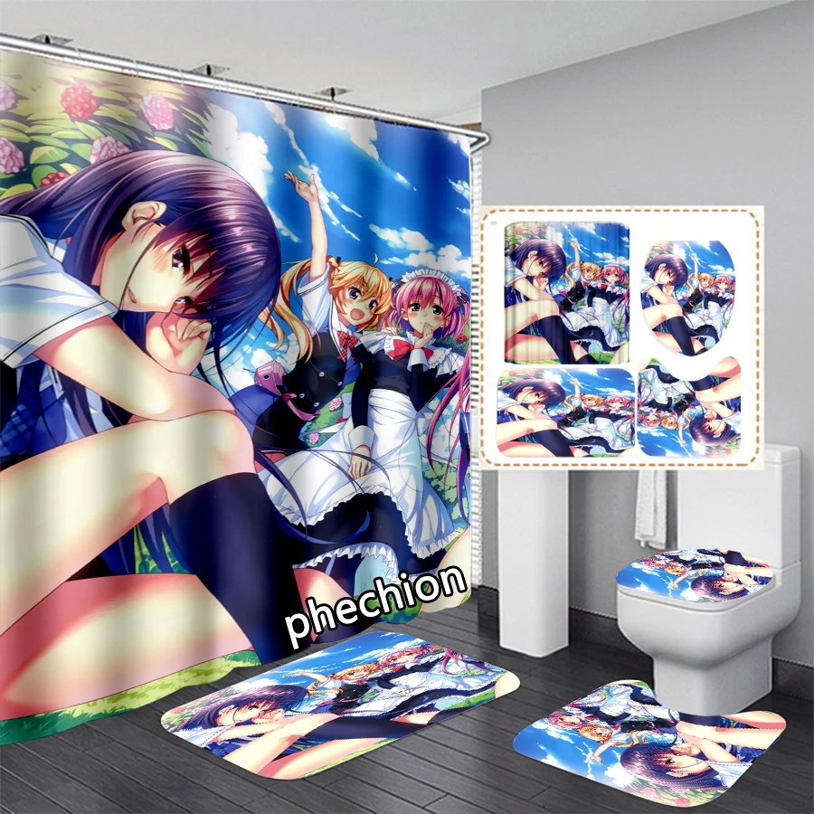 phechion New The Eden of Grisaia 3D Print Shower Curtain Waterproof Bathroom Curtain Anti-slip Bath Mat Set Toilet Rugs VR307