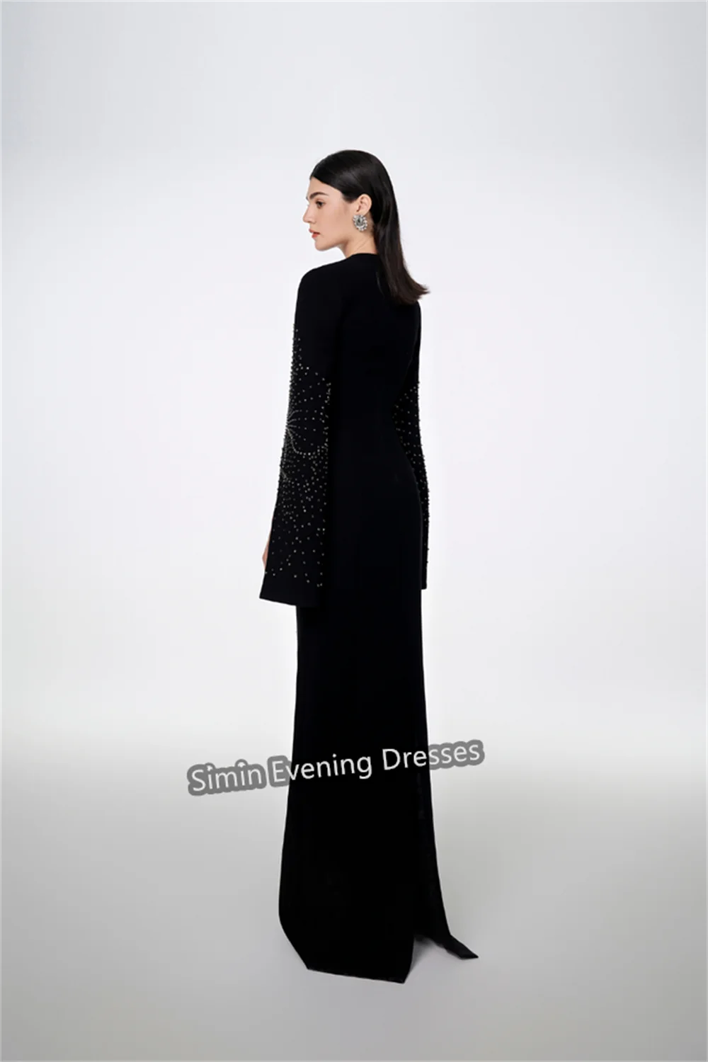 Simin Crepe Straight O-neck Beading Prom Gown Simple Floor Length Long Sleeves Arab Evening Elegant Party dresses for women 2024