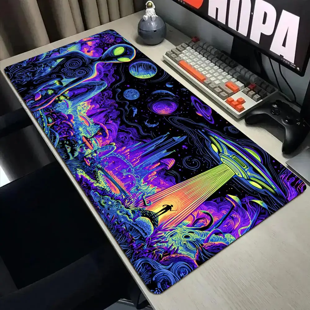 Psychedelic Starry Sky Alien Mouse Pad Desk Mat with Stitched Edge XXL Mousepads Rubber Anti-slip Gamer Keyboard Rug Gaming Mats
