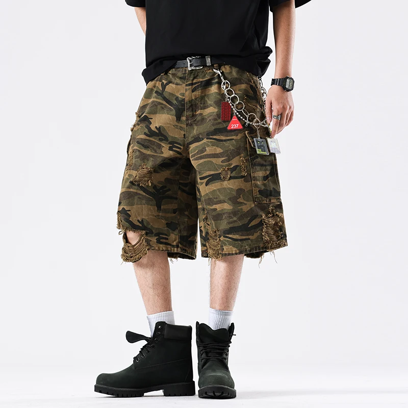 

Men Summer Broken Hole Camouflage Streetwear Loose Casual Knee-length Ripped Vintage Cargo Shorts Cityboy Baggy Shorts Pant