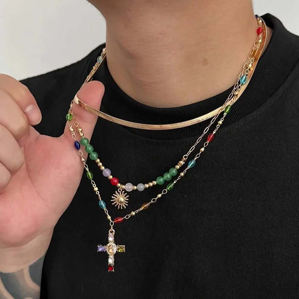 

SHIXIN 3Pcs Trendy Glass Bead Flat Snake Chain Choker Necklace for Men HipHop Colorful Rhinestone Jesus Cross Pendant Necklace