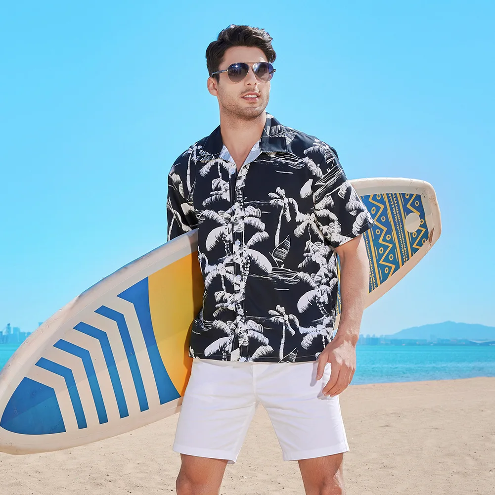 Shirts Print Men Turn Down Collar Shirt Single Breasted Blouses Cardigan Short Sleeve Loose Button Casual Breathable Summer
