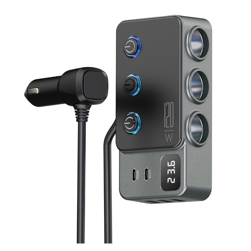 Auto-montierter Cigarrete-Feuerzeug-Adapter, USB-Schalter, PD, superschnelle Ladung, 120 W, Autoladegerät, universelle Holde-Digitalanzeige