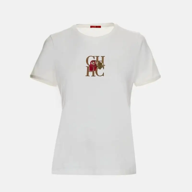 CH Damen Weißes Baumwoll-T-Shirt mit Besticktem Logo Rundhals Kurzarm Atmungsaktives Lässiges Sommer-Oberteil – Detail 6