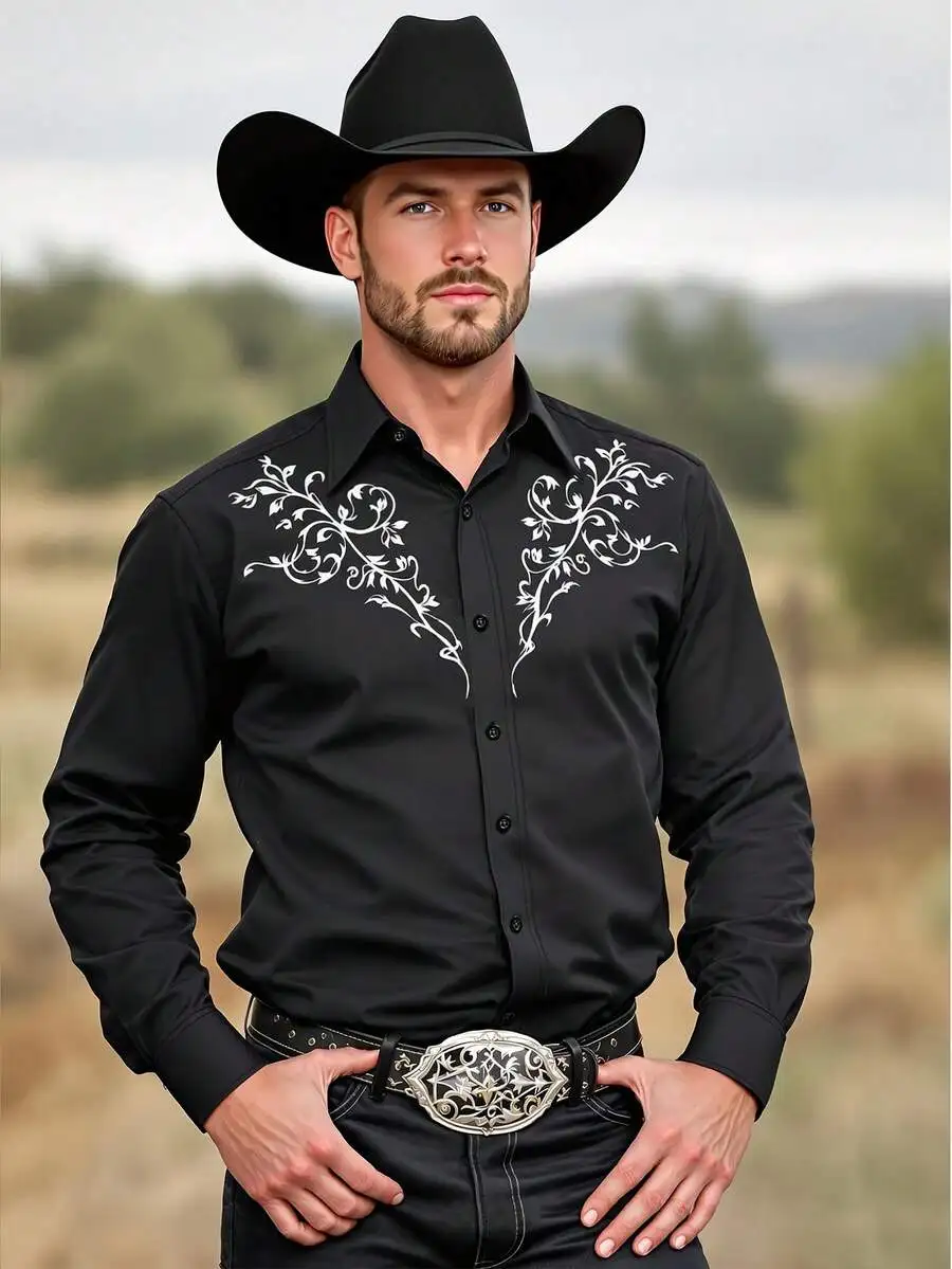 

Men's Black Long Sleeve Western-Style Shirt with Floral Embroidery