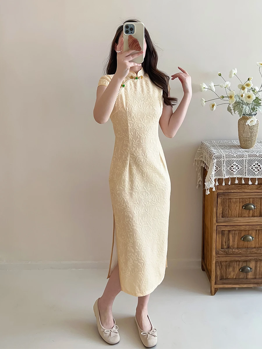 

Young Sle Yellow Qipao Vintage Design Daily Wear Breathable ort Sve Mid-Length Qipao for Summer 2025