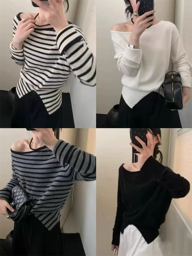 

Fashion Slant Shoulder Knit Sweater Women Slim Casual Split Striped Pullover Jumper