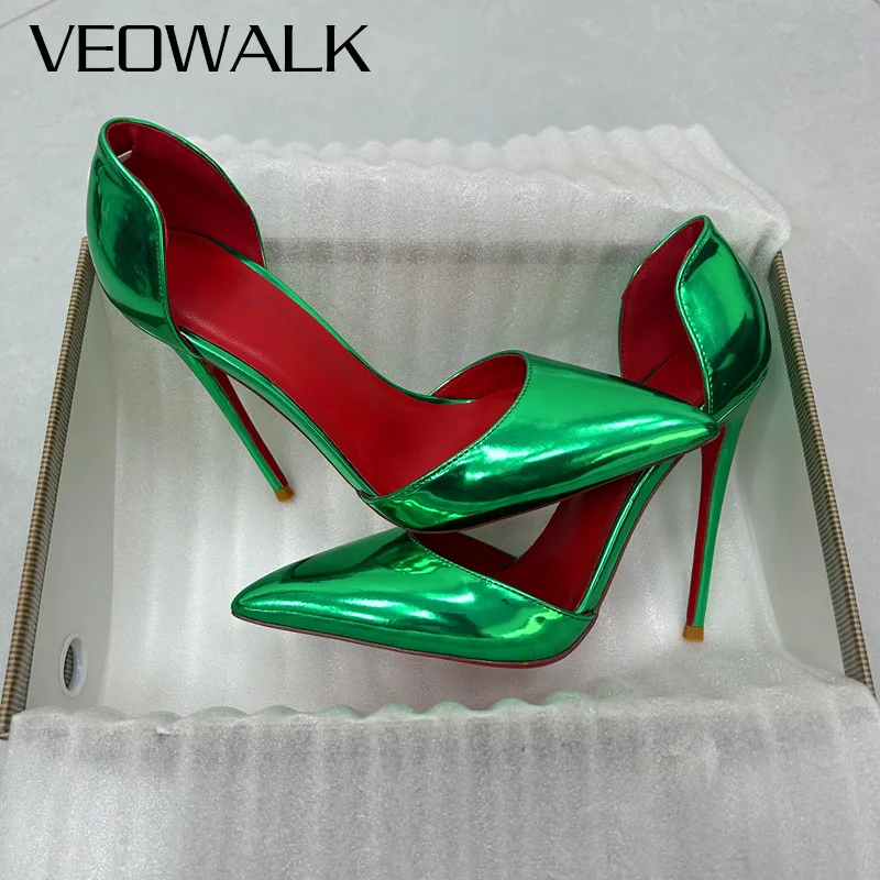 

Veowalk/женские зеленые лакированные туфли-лодочки на шпильке с острым носком и красным внутренним вырезом на высоком каблуке, женские модельные туфли-лодочки для вечеринок