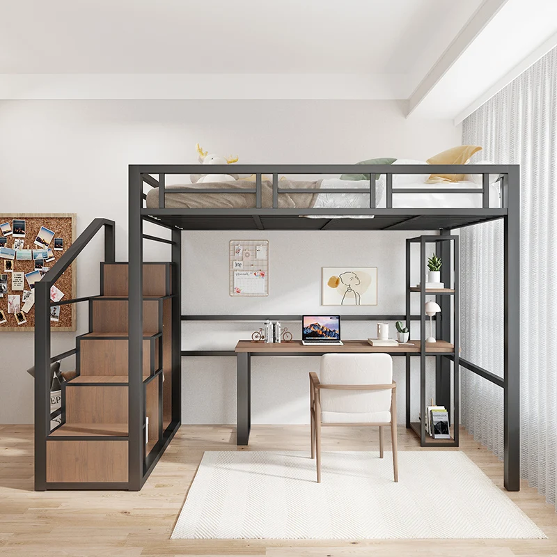 Loft bed single duplex second floor bed elevated wrought iron children's home bold thickened bed empty table combination