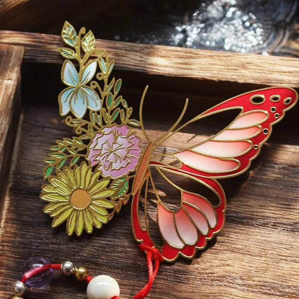 Hollow Metal Butterfly Flower Bookmark Chinese Style Book Clip with Tassel Pendant Retro Student Gift School Office Supplies