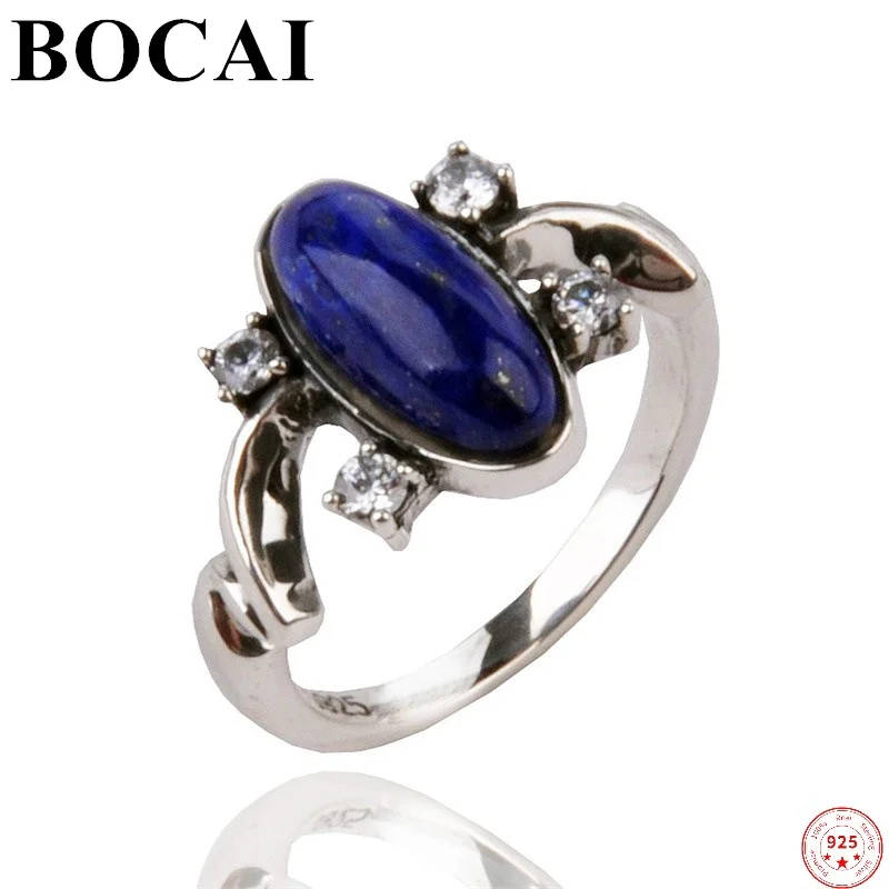 BOCAI S925 Sterling Silver Rings for Men Women Lady's Little Finger Index-finger Lapis Zircon Argentum Jewelry