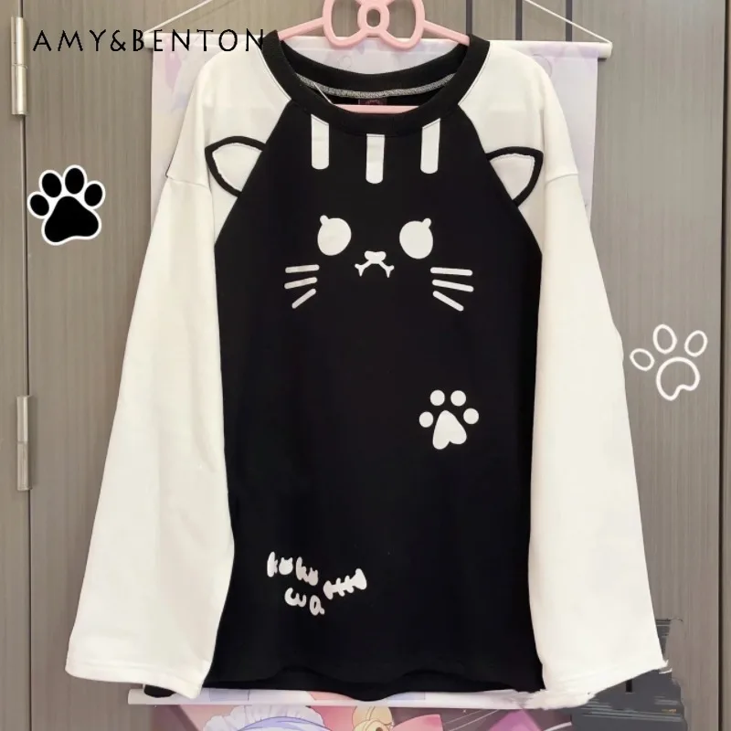 

Japanese Autumn Subculture Cartoon Kitten Print Cute Shoulder-plugged Long-sleeved T-shirt Loose Top Bottoming Shirt For Women