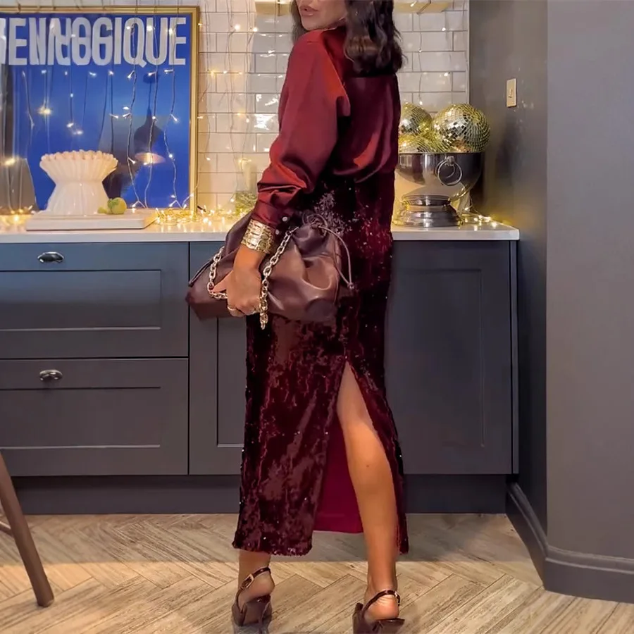 Europäischer und amerikanischer Stil Frühling und Herbst Neue Kollektion Party-Hemdrock oder zweiteiliges Set INS Lässiger lockerer Paillettenrock