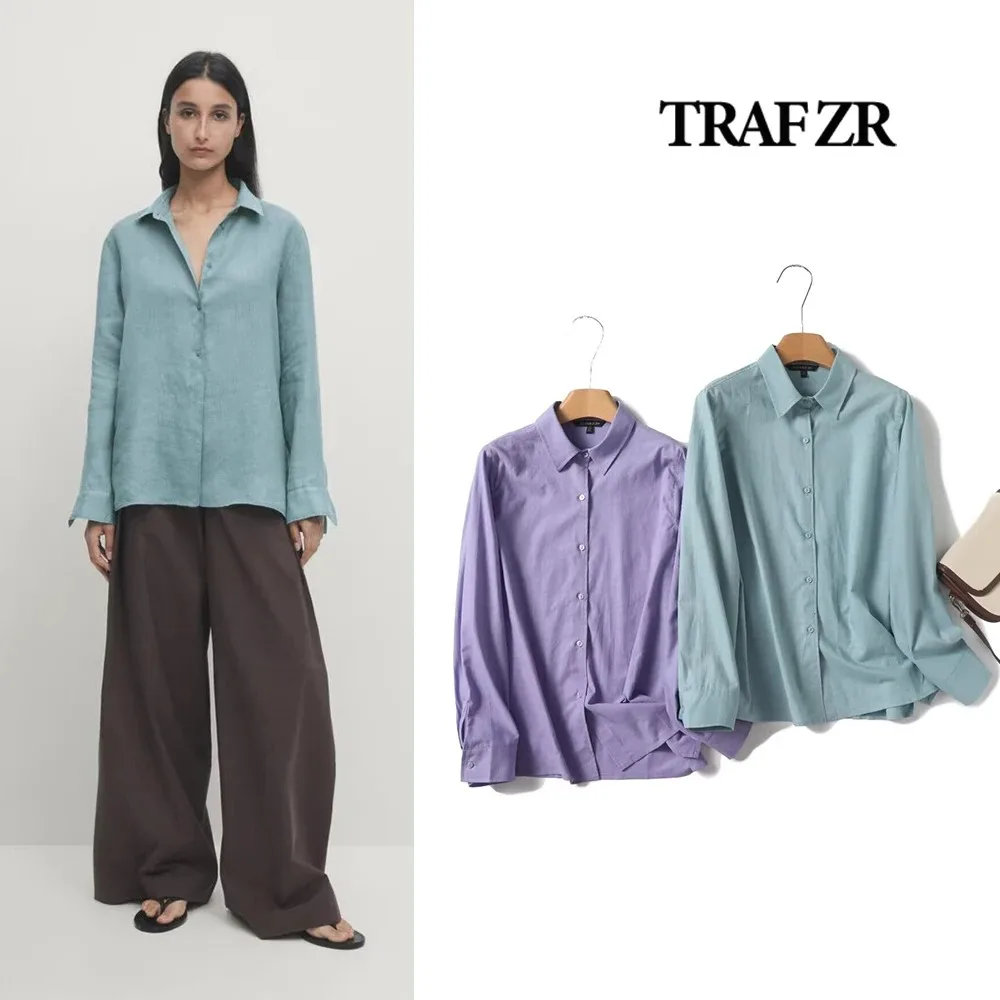 

TRAF ZR Minimalist Side Splits French Blouse Women's Stylish Lapel Collar Long Cuffed Sleeves Woman Shirts Office Lady Tops