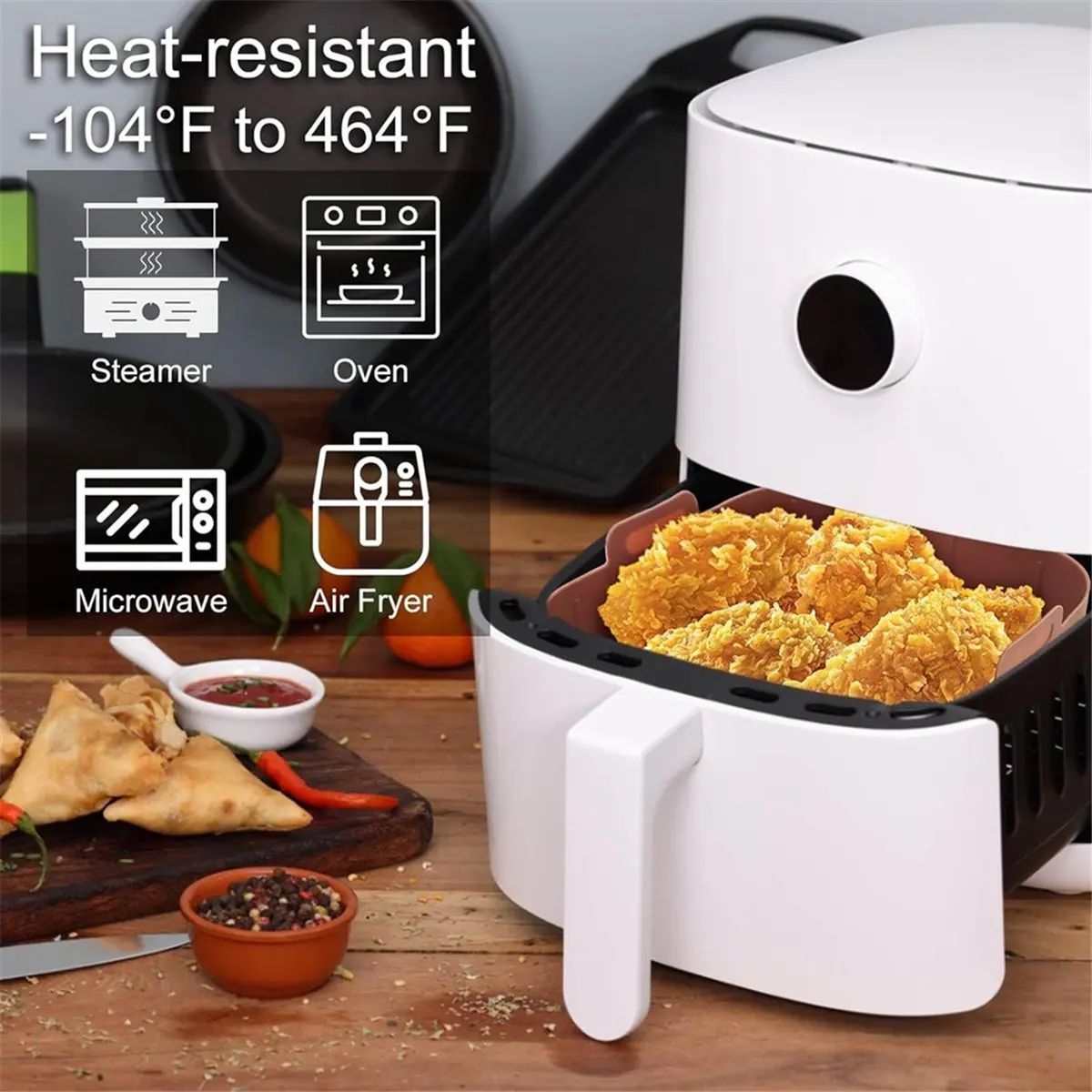 M10K 3Pcs Air Fryer Silicone Liners Square Airfryer Liners 8.2inch Air Fryer Pot for 4-8 QT Air Fryer Basket Accessories
