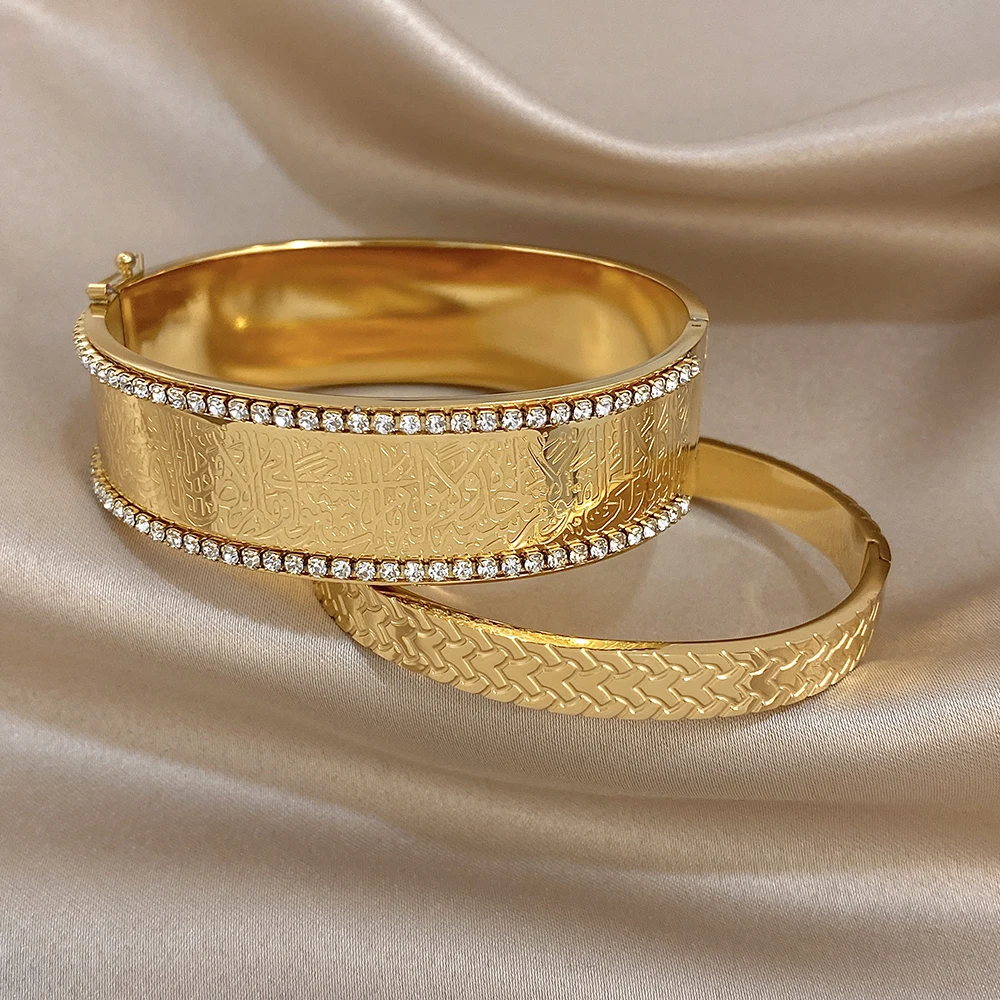 Vintage Engraved Pattern Textured Cuff Bangle Jewelry for Women Gold Plated Stainless Steel Zircon Waterproof Wide Bracelet Gift