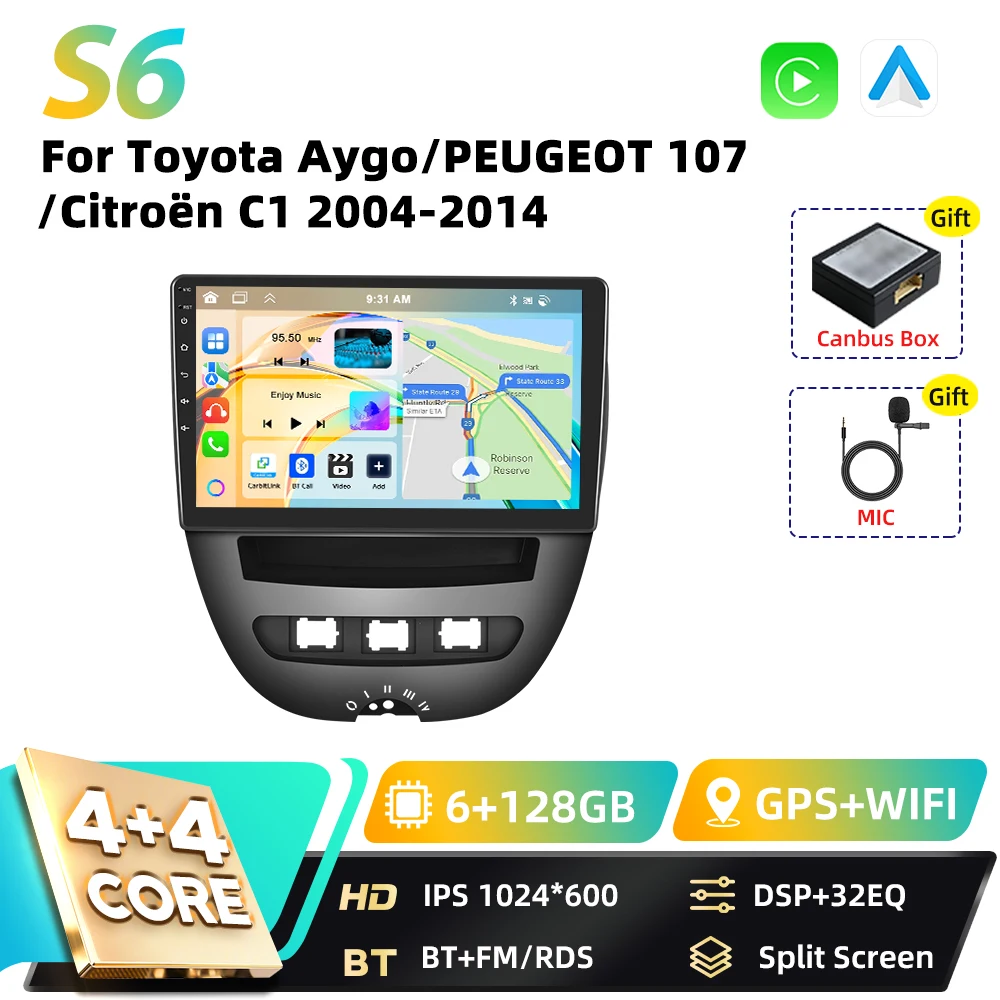 Podofo 8-Core Carplay 2DIN Android autoradio voor Toyota Aygo 2004-2014, Peugeot 107, Citroën C1, Snapdragon GPS FM RDS