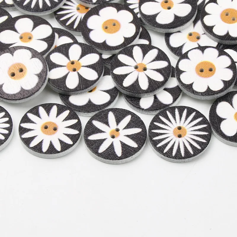 50pcs 15/20/25mm mix Flowers Wooden Round Buttons Accessories For Needlework Clothing Handicraft Scrapbook DIY Sew Decorative